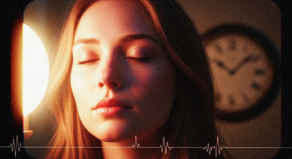 Mulher de olhos fechados com expressão serena, com um relógio desfocado ao fundo, simbolizando o controle sobre a ansiedade e a urgência do tempo. Terapia