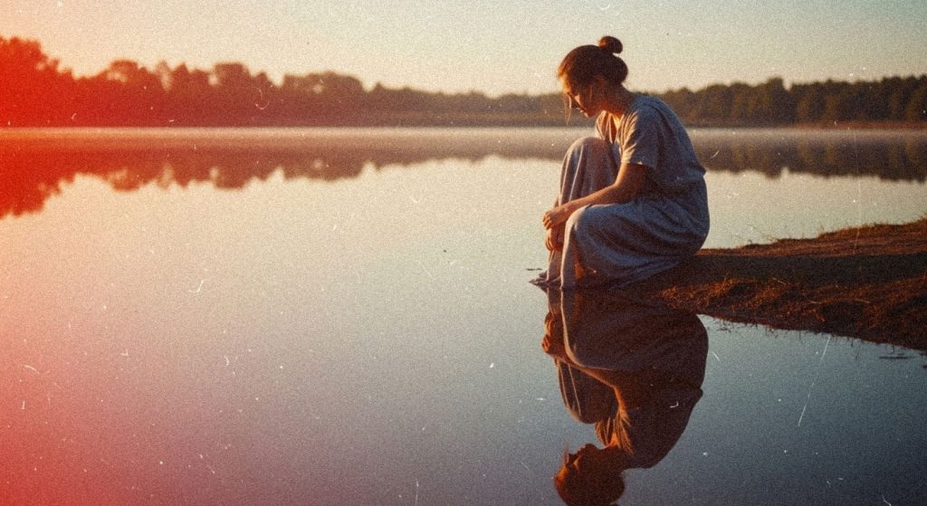 Pessoa sentada à beira de um lago tranquilo, observando seu próprio reflexo na água, em uma metáfora para o autoconhecimento e a reflexão pessoal.