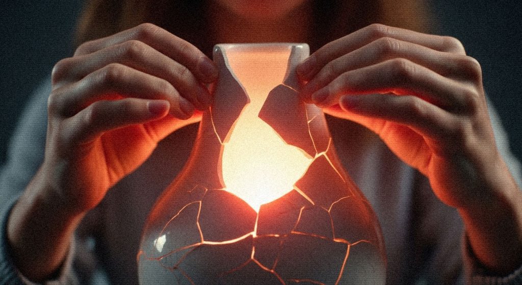 Mãos montando os pedaços de um vaso quebrado, com uma luz suave vindo de dentro, representando o processo de cura e reconstrução após traumas emocionais.