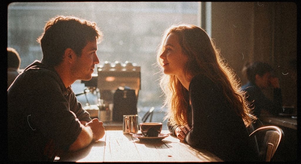 Duas pessoas sentadas em uma conversa calma e serena, fazendo contato visual e sorrindo, representando uma comunicação saudável e a melhoria de relacionamentos.