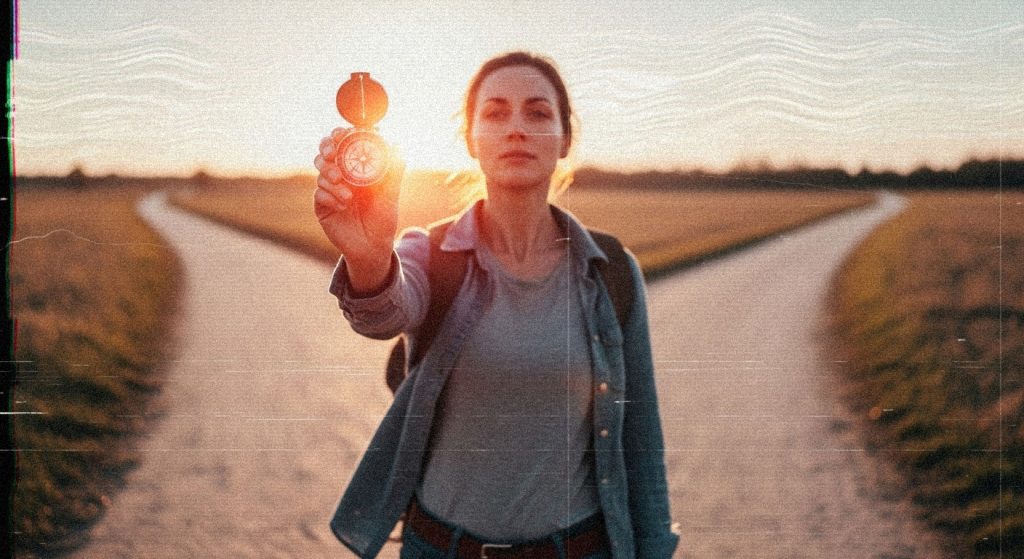 Pessoa em uma encruzilhada segurando uma bússola com confiança, representando a clareza para resolver problemas e escolher o caminho certo.