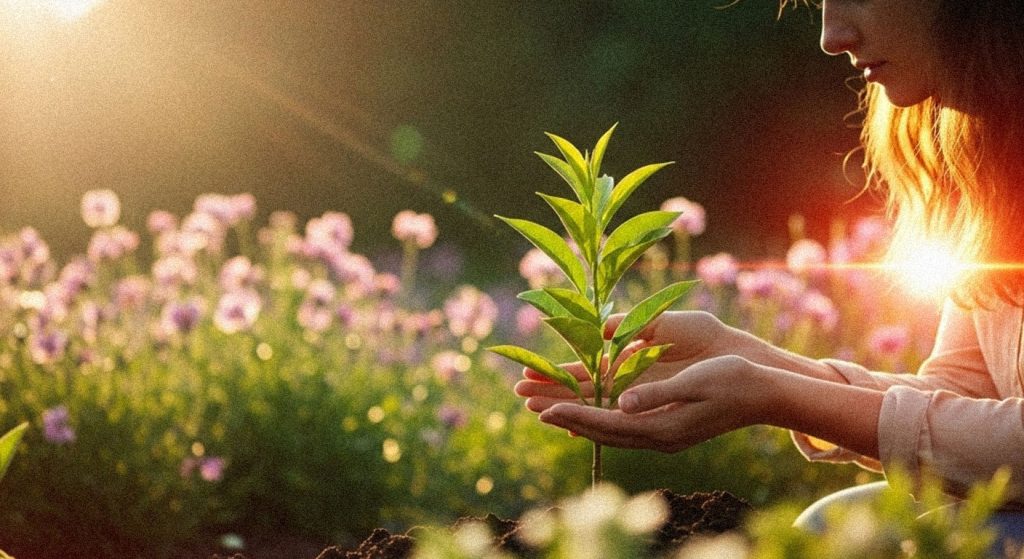 Pessoa regando uma pequena planta verde e vibrante, em um dia ensolarado, simbolizando o cuidado com a vida interior e a busca por um propósito.