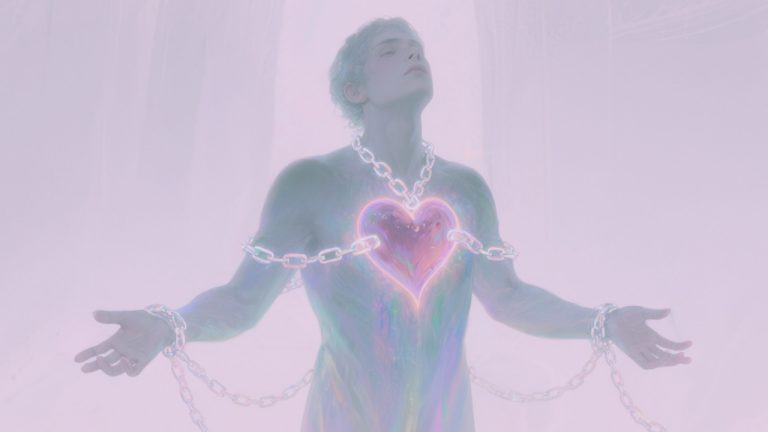 Pessoa com correntes luminosas presas ao coração e as mãos abertas para se libertar, simbolizando a dependência emocional.