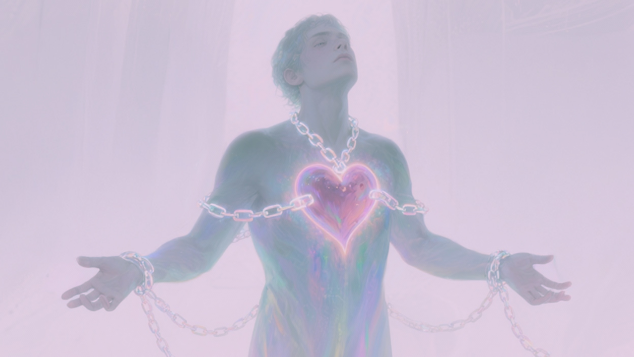 Pessoa com correntes luminosas presas ao coração e as mãos abertas para se libertar, simbolizando a dependência emocional.