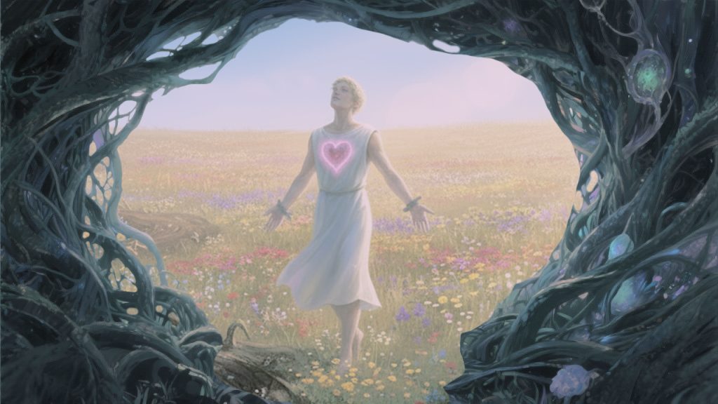 Pessoa saindo de um caminho escuro e emaranhado e entrando em um campo iluminado pelo sol, simbolizando a jornada de cura da dependência emocional com a ajuda da terapia.