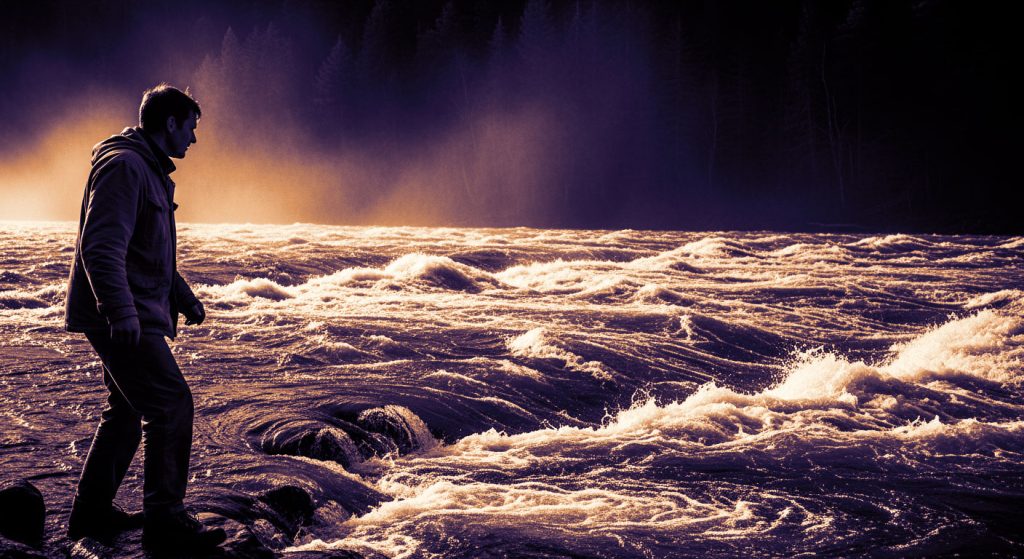 Uma pessoa com uma expressão corajosa na beira de um rio turbulento, se preparando para atravessá-lo, simbolizando o ato de reconhecer e enfrentar um conflito familiar.