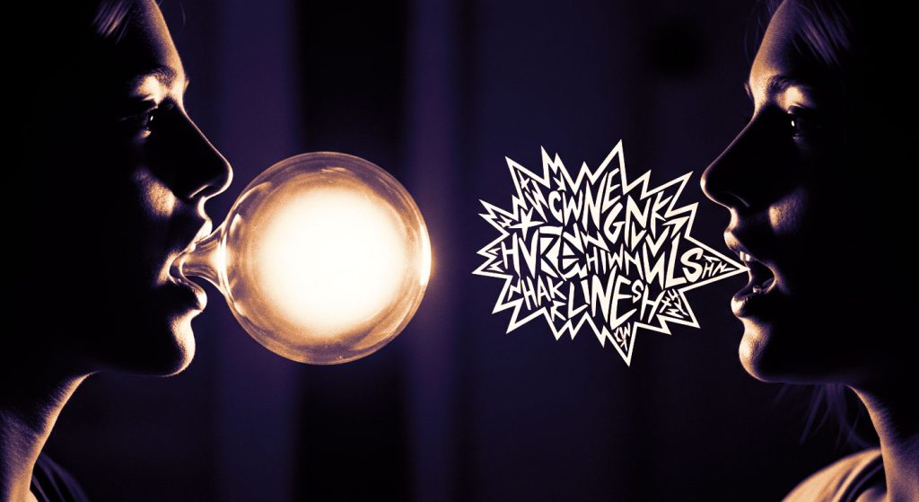 Uma pessoa com uma bolha de luz clara saindo da boca, enquanto a bolha de fala da outra pessoa está cheia de palavras pontiagudas, simbolizando a comunicação clara e sem julgamento.