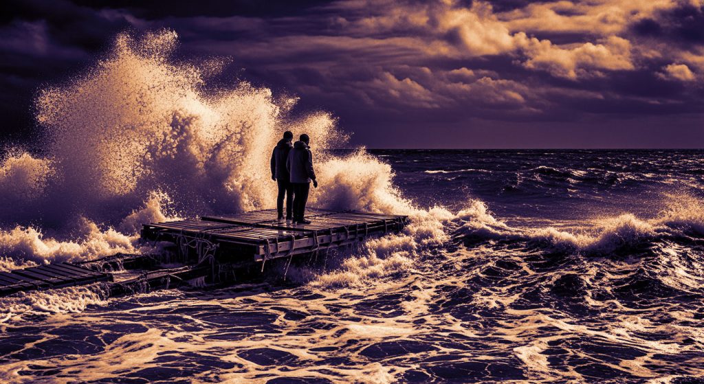 Duas pessoas em uma plataforma flutuando acima de um mar tempestuoso, simbolizando a importância de estabelecer limites saudáveis para proteger o bem-estar emocional.