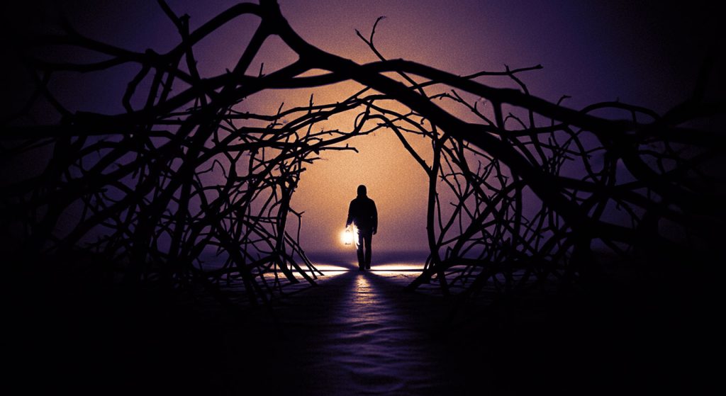 Uma pessoa com uma lanterna brilhante, caminhando para longe de um emaranhado de galhos escuros, simbolizando o perdão como um ato de libertação.