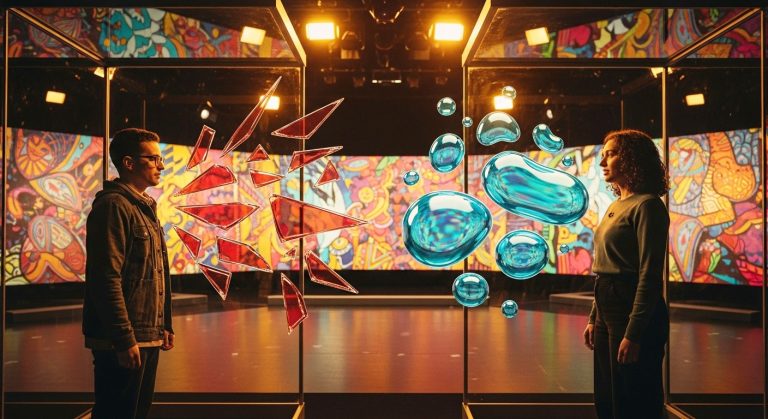 Duas pessoas se comunicando. As palavras de uma são pontiagudas e afiadas, enquanto as da outra são suaves e redondas, simbolizando a diferença entre uma comunicação que machuca e um diálogo honesto e gentil.