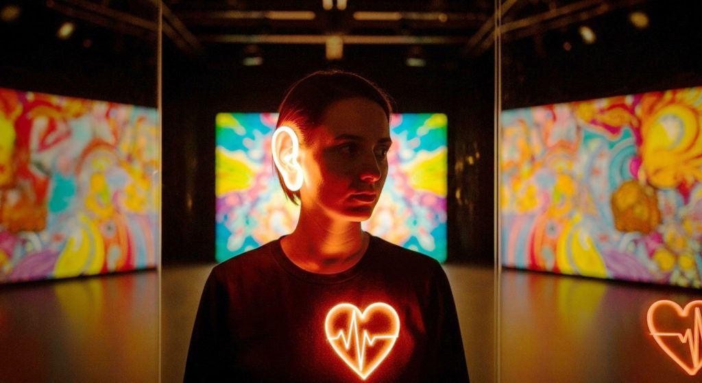 Uma pessoa com uma orelha e um coração luminosos, simbolizando o ato de ouvir não apenas com a mente, mas com o coração e a empatia.