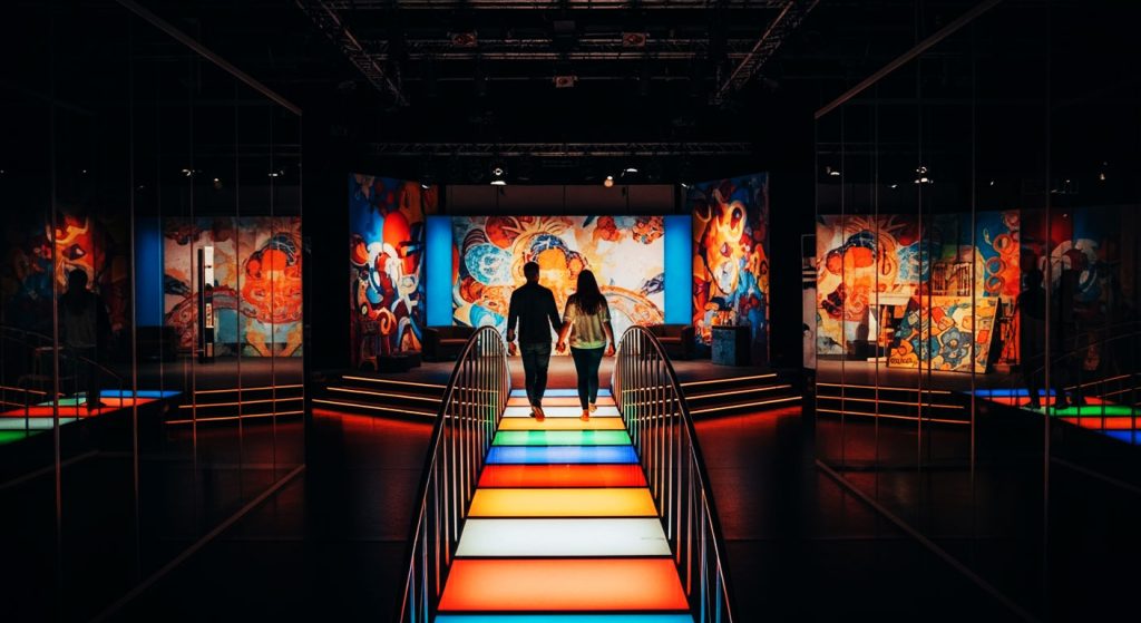 Um casal caminhando em uma ponte forte e luminosa que está sendo construída a cada passo, simbolizando o diálogo na terapia criando um caminho para um futuro melhor juntos.
