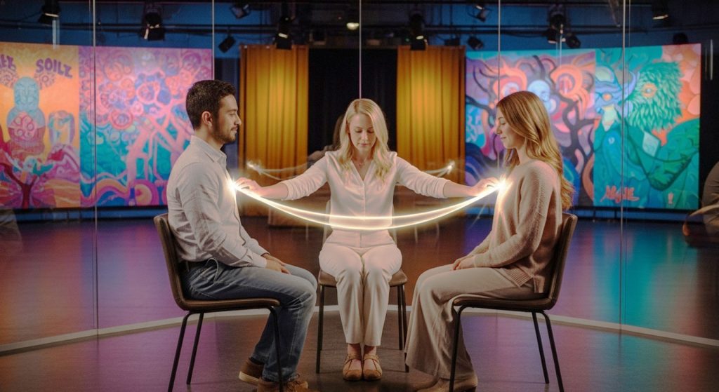 Uma figura calma e neutra sentada entre um casal, com energia luminosa fluindo de suas mãos para os corações deles, simbolizando o terapeuta como mediador e guia na terapia de casal.