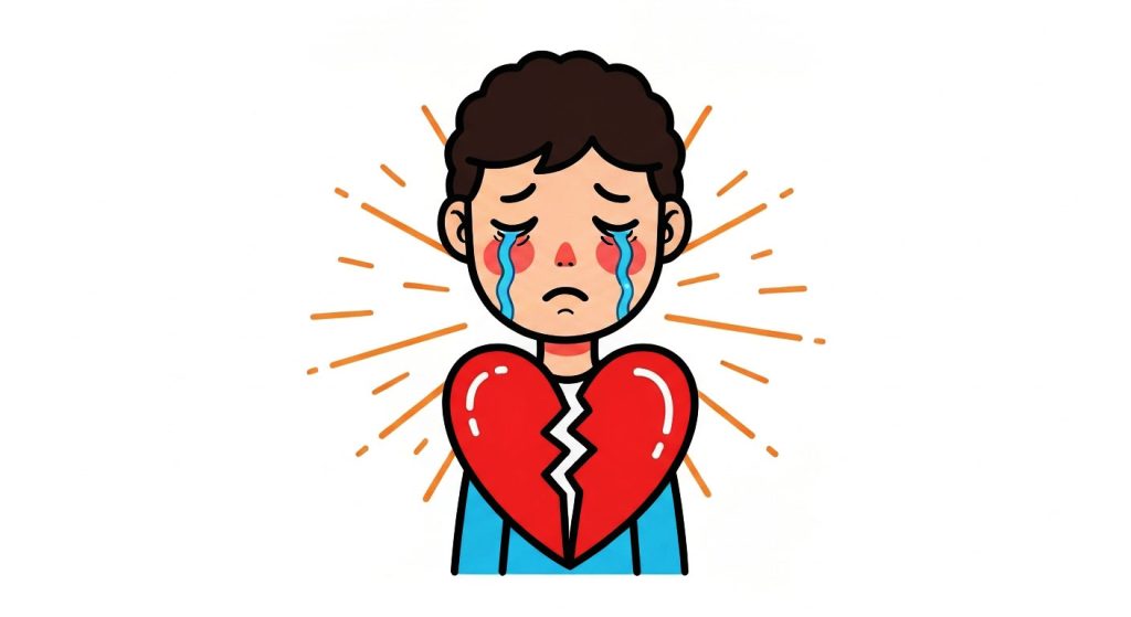 Uma pessoa com o coração partido e uma luz brilhante e curativa emanando do centro, simbolizando a dor e o processo de cura do luto pelo término de um relacionamento.