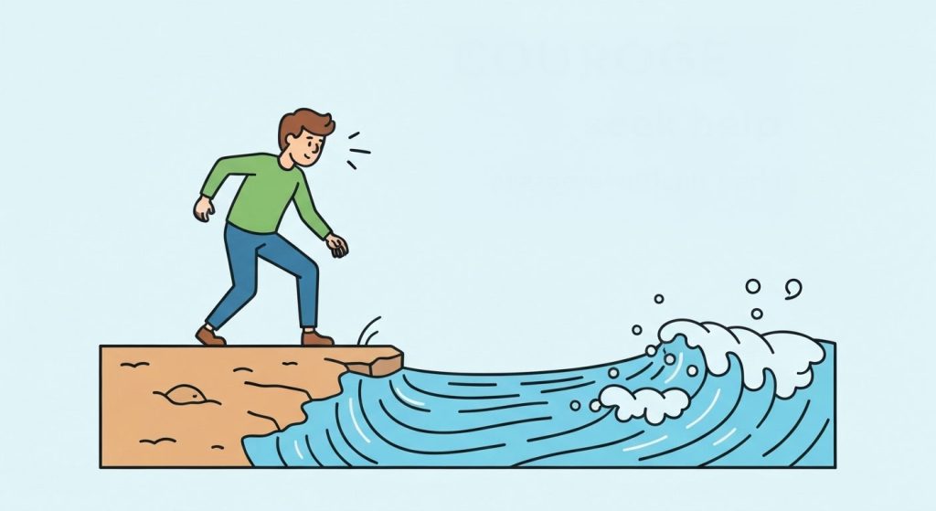 Uma pessoa com uma expressão corajosa na beira de um rio turbulento, se preparando para atravessá-lo, simbolizando a coragem de buscar ajuda para superar um término.