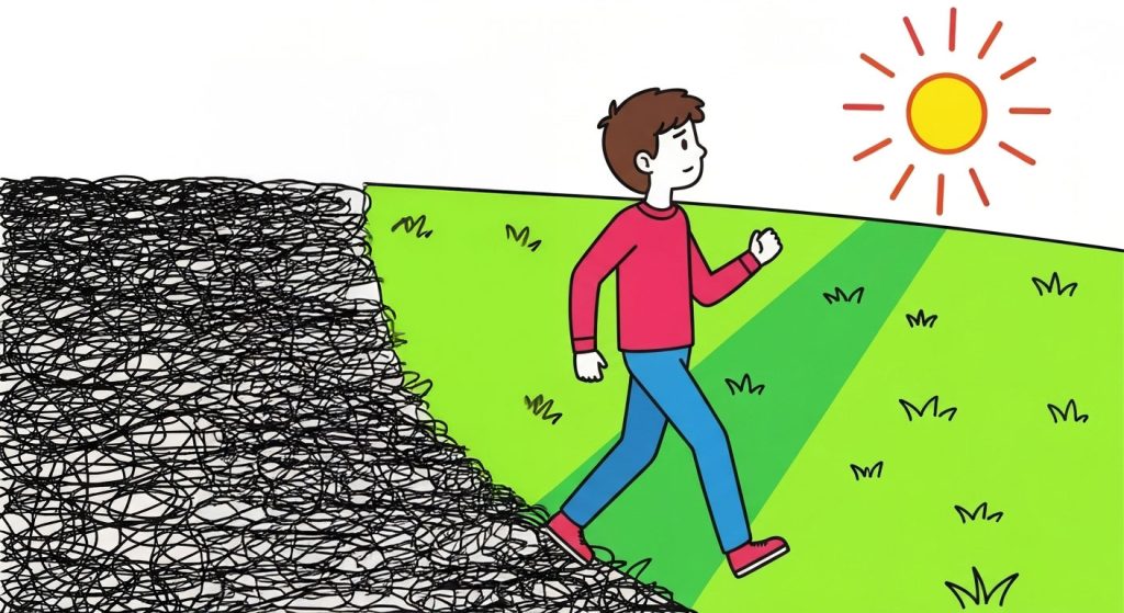 Pessoa saindo de um caminho escuro e emaranhado e entrando em um campo iluminado pelo sol, simbolizando a jornada de cura da dor do término de um relacionamento com a ajuda da terapia.