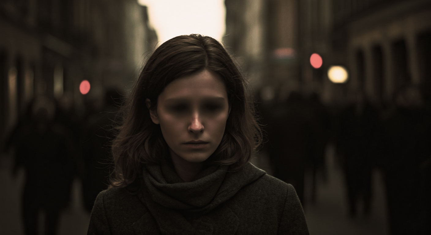 Uma pessoa em uma rua movimentada, com o rosto borrado e triste, simbolizando o sentimento de solidão em meio a uma multidão.