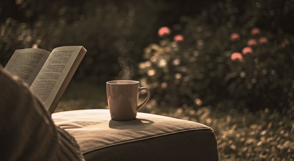 Pessoa lendo um livro em um ambiente tranquilo, com uma xícara de chá ao lado, simbolizando o autocuidado e o conforto de estar em sua própria companhia.
