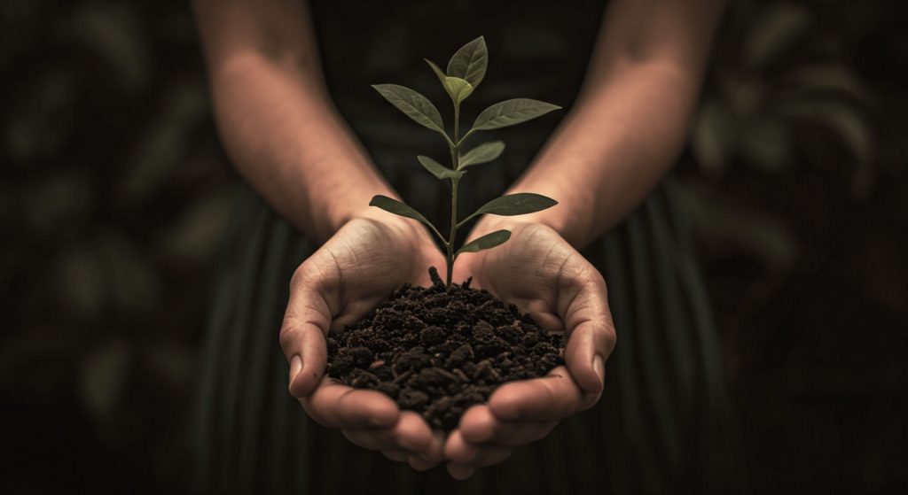 Uma pessoa segurando uma semente brilhante e crescendo em suas mãos, com uma expressão de foco e determinação, simbolizando a reconexão com o seu propósito de vida.