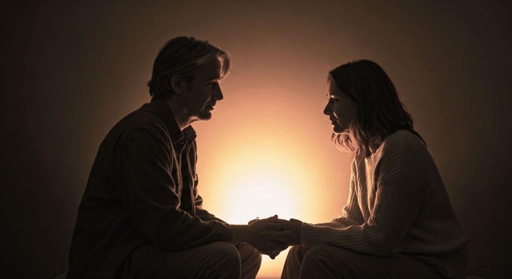 Duas pessoas conversando em um ambiente calmo, com uma conexão sutil e brilhante entre elas, simbolizando um relacionamento significativo e profundo.