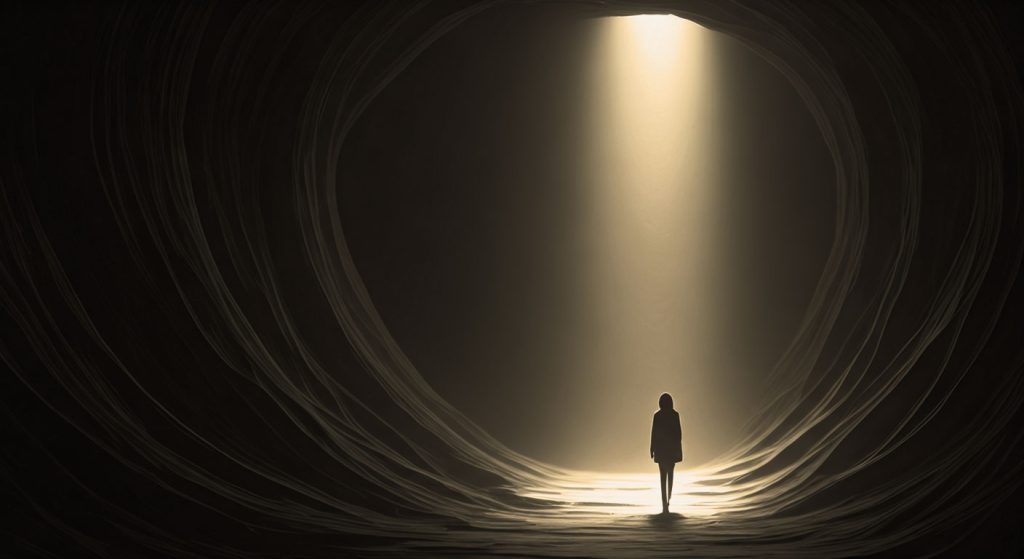 Uma pessoa sendo guiada por uma luz suave e brilhante através de um caminho escuro e nebuloso, simbolizando a busca por ajuda para lidar com a solidão.