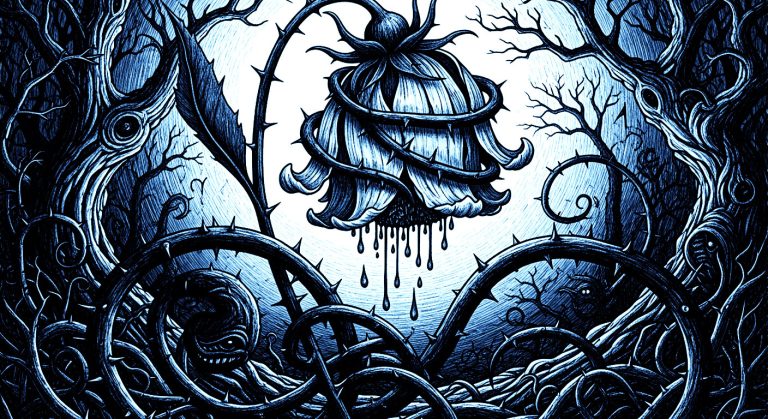 Uma planta bonita com vinhas escuras e emaranhadas crescendo ao redor e sugando sua energia, simbolizando um relacionamento tóxico que drena a força vital de uma pessoa.