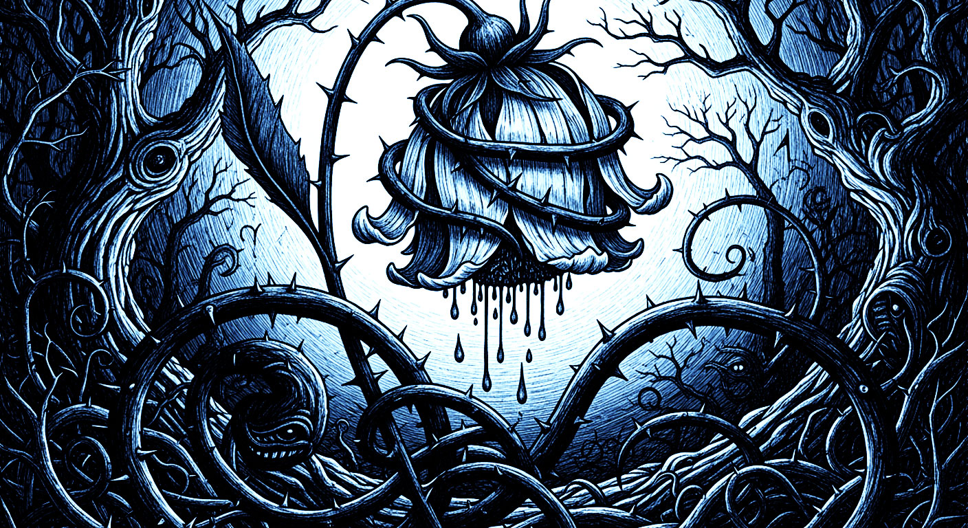 Uma planta bonita com vinhas escuras e emaranhadas crescendo ao redor e sugando sua energia, simbolizando um relacionamento tóxico que drena a força vital de uma pessoa.