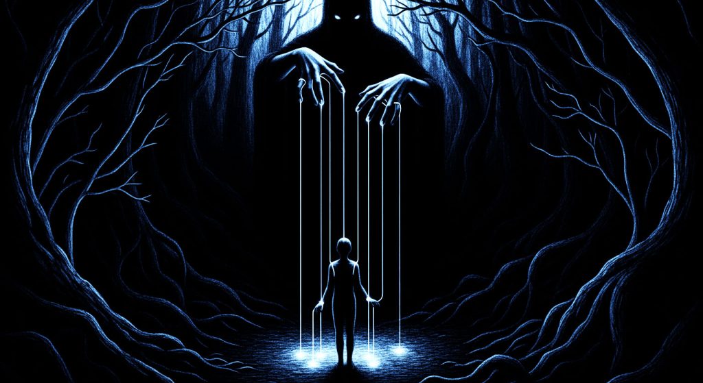 Uma pessoa com cordas de marionete luminosas presas aos membros, com uma figura escura e controladora ao fundo, simbolizando a manipulação em um relacionamento.