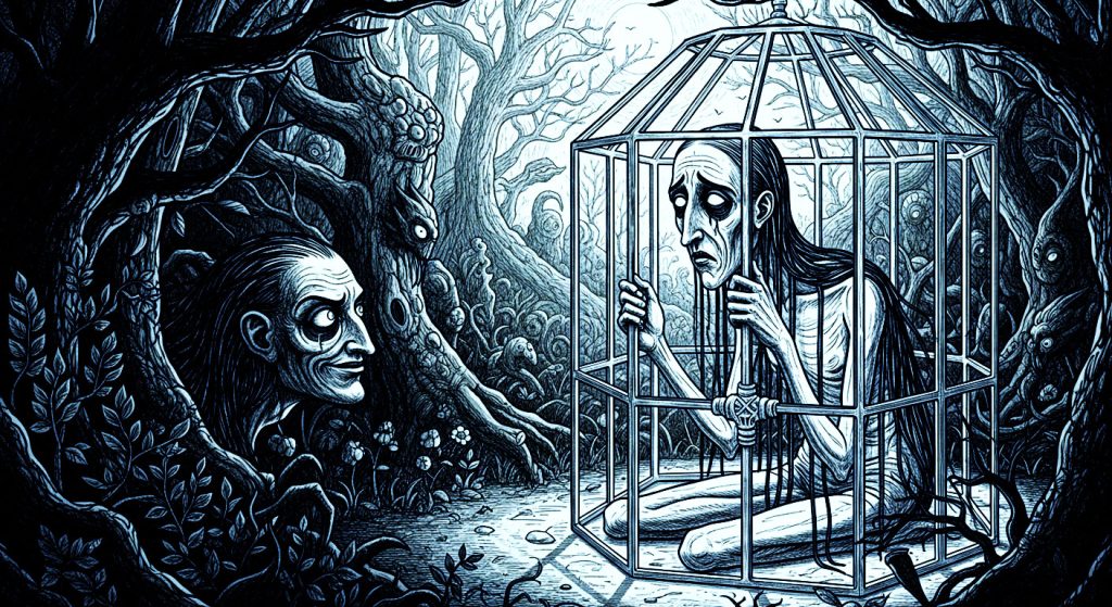 Uma pessoa em uma jaula de vidro, olhando para fora com uma expressão triste enquanto outra pessoa a observa com um olhar cético e ciumento, simbolizando a jaula emocional do ciúme.