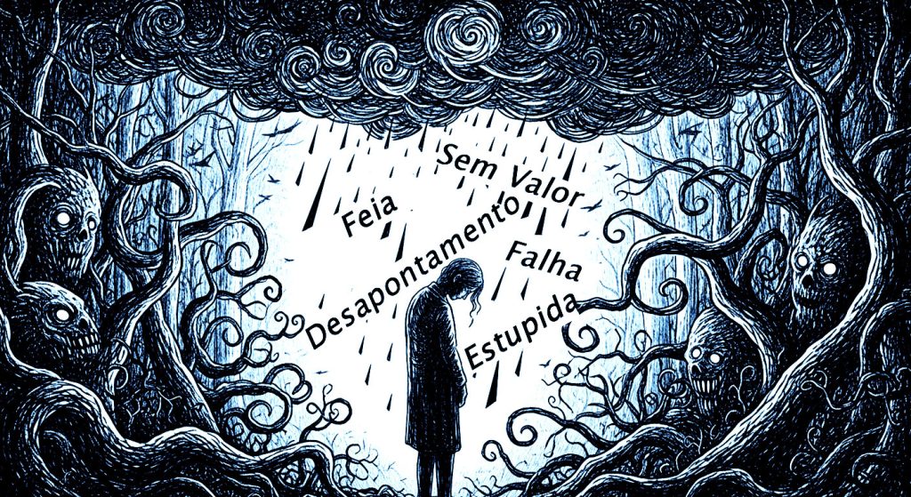 Uma pessoa com uma nuvem escura e tempestuosa sobre a cabeça, com palavras afiadas e negativas caindo sobre ela como chuva, simbolizando a crítica constante em um relacionamento.