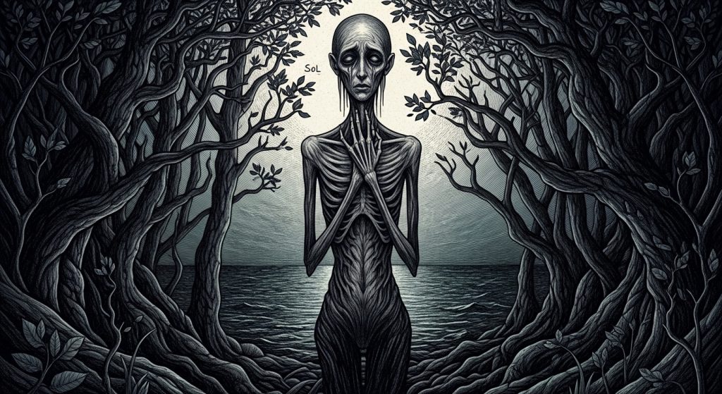 Uma pessoa sentada sozinha em uma ilha, com uma única árvore escura, olhando para um vasto e escuro oceano, simbolizando o isolamento e o vazio emocional de um relacionamento tóxico.