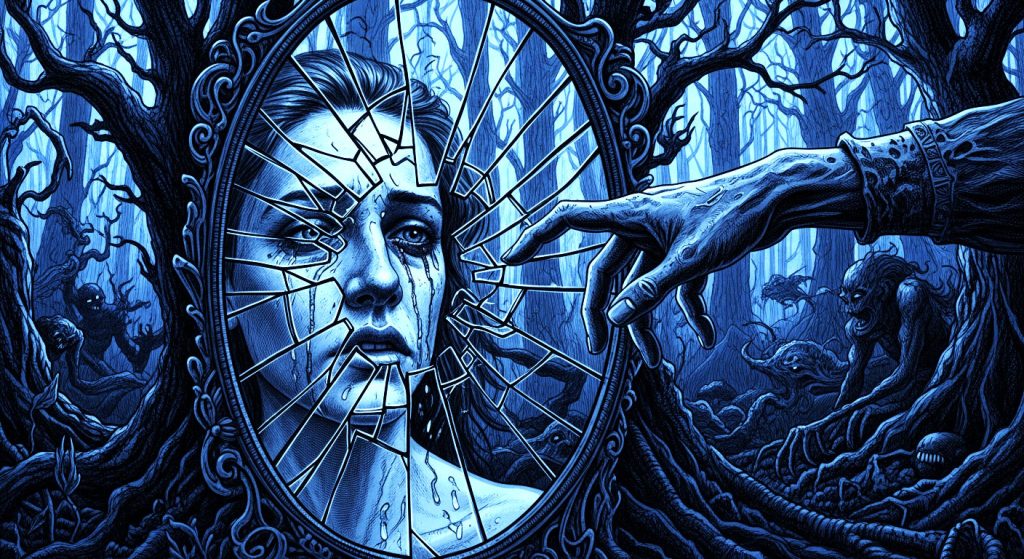 Uma pessoa com o reflexo estilhaçado em um espelho rachado, com a mão estendida para tentar juntar os pedaços, simbolizando o senso de eu fragmentado e a falta de respeito em um relacionamento tóxico.