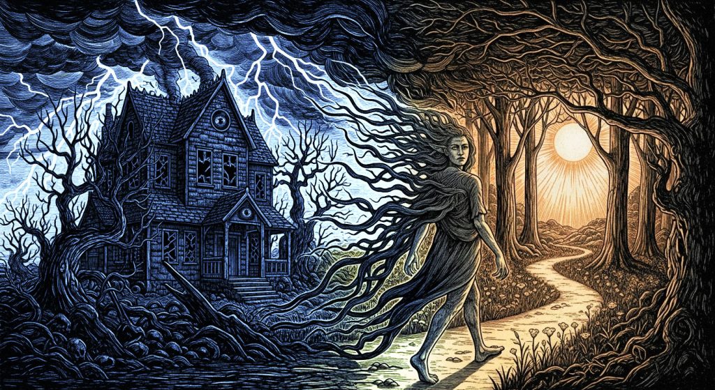 Uma pessoa com uma expressão corajosa, caminhando para longe de uma casa escura e tempestuosa e em direção a um caminho claro e iluminado pelo sol, simbolizando a coragem de deixar um relacionamento tóxico com a ajuda da terapia.