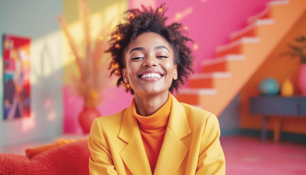 Uma pessoa com uma expressão radiante e confiante, com uma luz brilhante e delicada ao redor de sua cabeça, simbolizando a luz interior e a confiança de uma pessoa com alta autoestima.