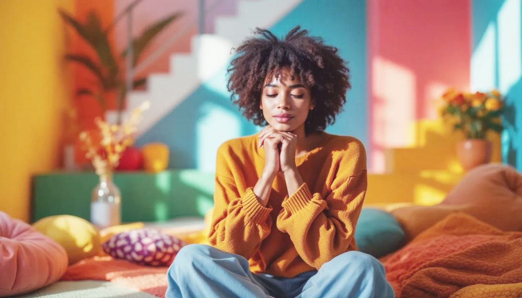 Uma pessoa com os braços ao redor de si mesma em um gesto gentil e carinhoso, simbolizando a autocompaixão e o amor-próprio.