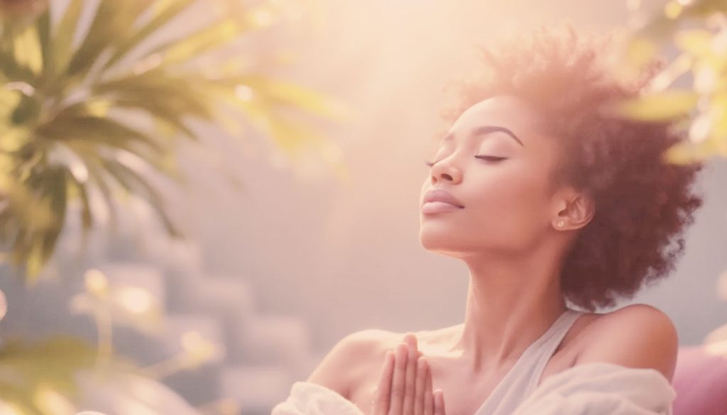 Uma pessoa praticando yoga ou meditando em um ambiente tranquilo, com um brilho sutil ao seu redor, simbolizando o autocuidado para a mente e o corpo.