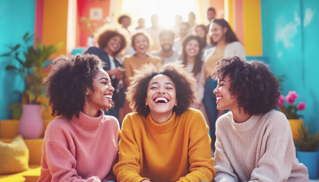 Um grupo de pessoas em um ambiente claro e feliz, com um círculo luminoso de luz ao redor deles, simbolizando uma rede de apoio social forte e solidária.