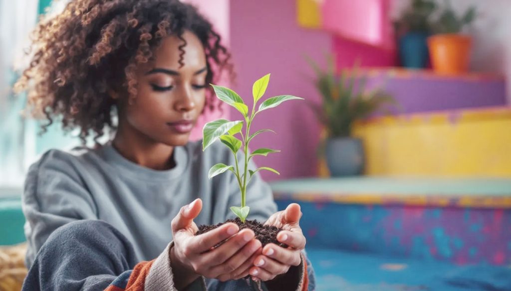 Uma pessoa segurando uma planta brilhante e em crescimento em suas mãos, com uma expressão de foco e determinação, simbolizando a jornada de se libertar da perfeição.
