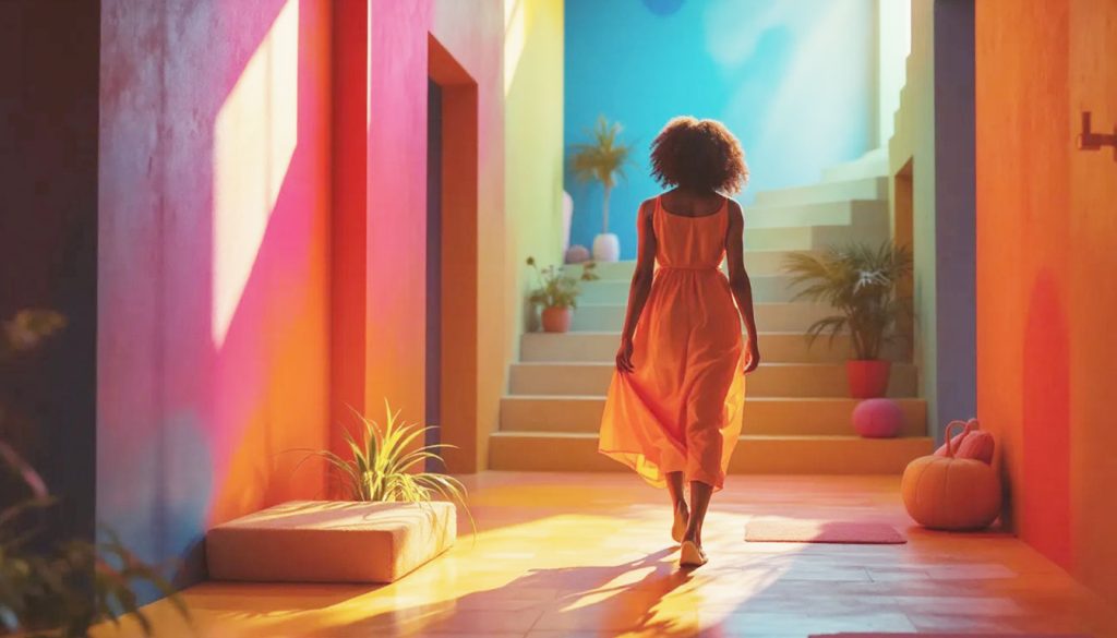 Uma pessoa caminhando em um caminho, com uma conexão sutil e luminosa, simbolizando a vida no presente.