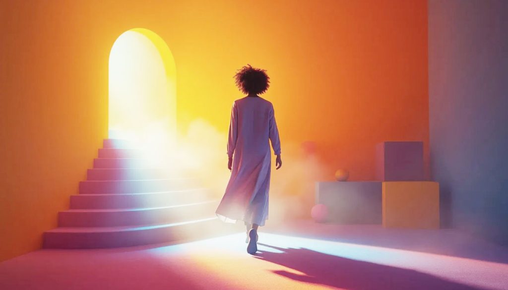 Uma pessoa sendo guiada por uma luz suave e brilhante através de um caminho escuro e nebuloso, simbolizando a busca por ajuda para fortalecer a autoestima.