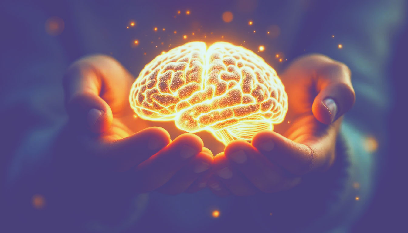 Uma pessoa com um cérebro brilhante e em crescimento em suas mãos, com uma expressão de foco e determinação, simbolizando o cultivo da inteligência emocional.