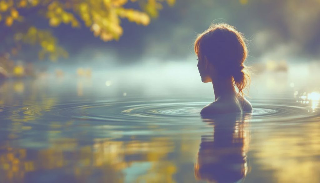 Uma pessoa olhando para o seu reflexo em um lago claro e sereno, simbolizando o ato de auto-reflexão e o entendimento de suas próprias emoções.