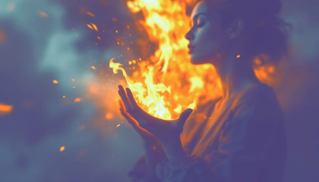 Uma pessoa com as mãos levantadas em um gesto de calma e parada, com um incêndio furioso ao fundo que está sendo contido, simbolizando o autocontrole sobre emoções fortes.