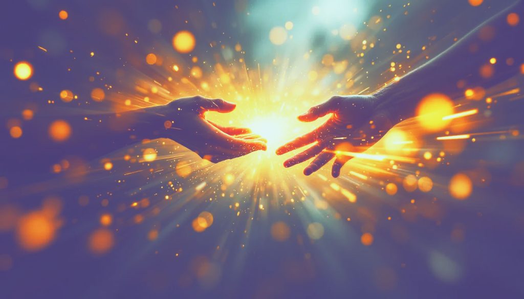 Uma pessoa estendendo a mão para outra, com uma luz sutil e brilhante ao redor deles, simbolizando o ato de empatia e a conexão com o outro.