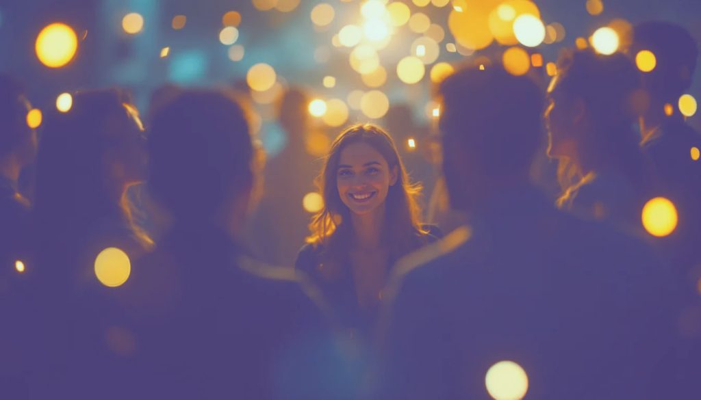 Um grupo de pessoas em um ambiente claro e feliz, com um círculo luminoso de luz ao redor deles, simbolizando uma rede de apoio social forte e solidária.