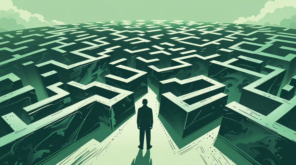 Uma pessoa olhando para o seu reflexo em um lago claro e sereno, com a mente cheia de pensamentos negativos, simbolizando o processo de identificar as crenças limitantes.