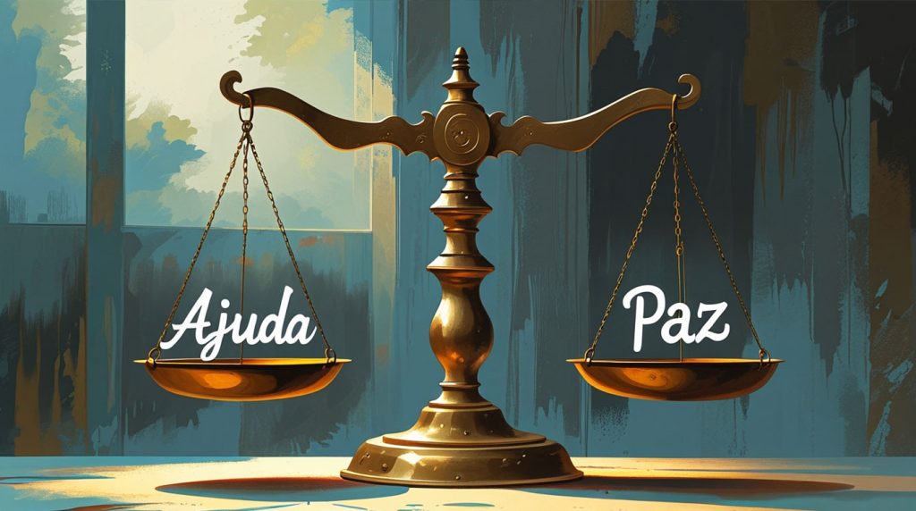 Balança em equilíbrio com um prato escrito "AJUDA" e o outro escrito "PAZ", simbolizando o equilíbrio necessário entre auxiliar o próximo e priorizar o próprio limite.