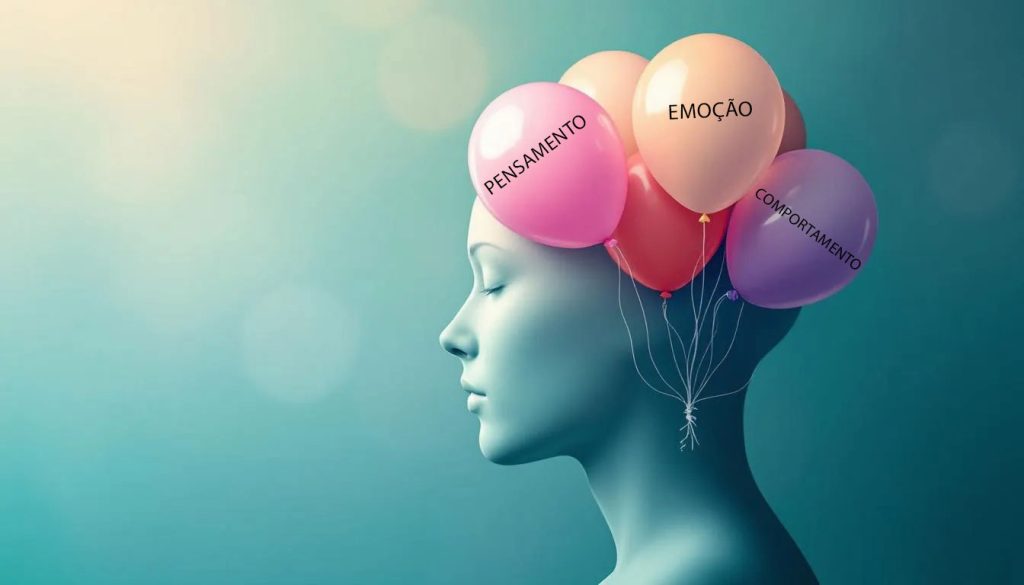 Representação visual de uma cabeça humana, com balões interligados de pensamento, emoção e comportamento, simbolizando a base da Terapia Cognitivo-Comportamental.