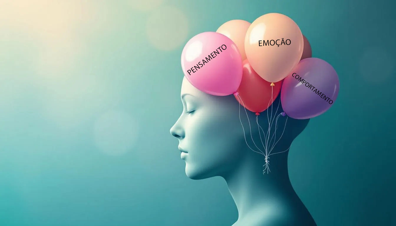 Representação visual de uma cabeça humana, com balões interligados de pensamento, emoção e comportamento, simbolizando a base da Terapia Cognitivo-Comportamental.