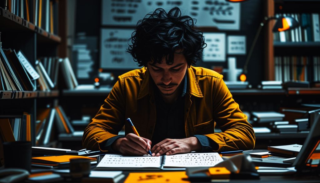 Uma pessoa segurando um caderno com anotações e desenhos de uma técnica de TCC, como um diário de pensamentos, ilustrando as ferramentas práticas de autogestão.